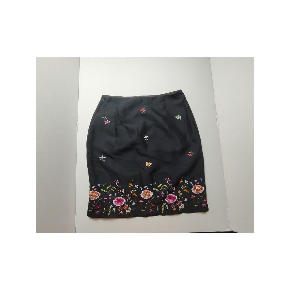 VTG Tailor B. Moss Black Floral Embroidered Y2k Cottagecore Silk Skirt Women 6